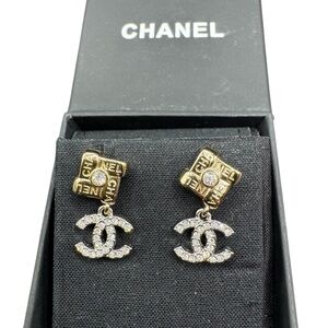 CHANEL Gold and Silver Crystal CC Logo Earrings